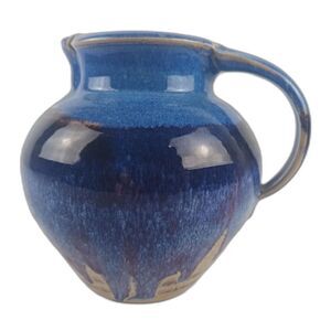Walt Glass Pottery Pitcher From 1992 Signed By Artist Blue And Red Drip
